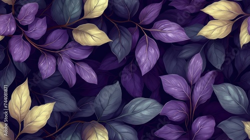  a close up of a bunch of leaves on a purple and yellow background with green and yellow leaves on the top and bottom of the leaves on the bottom of the leaves.