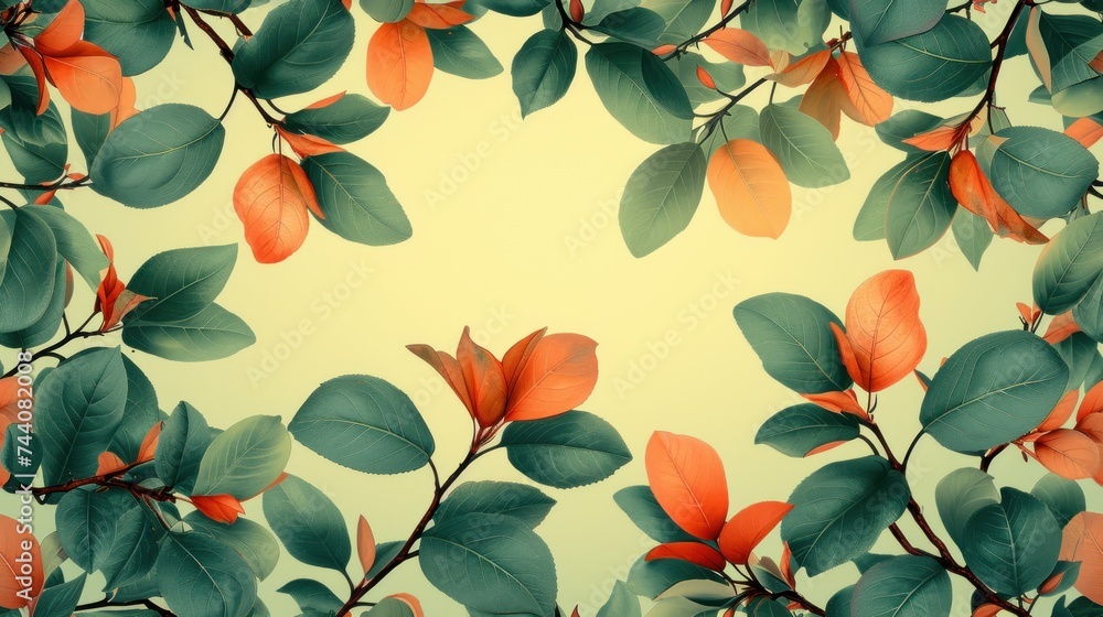a close up of a bunch of leaves on a light green background with orange and green leaves a close up of a bunch of leaves on a light green background with orange and green leaves