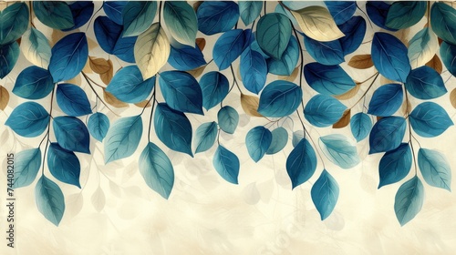  a painting of blue and green leaves on a white background with a place for a text on the bottom right corner of the image and bottom right corner of the image.