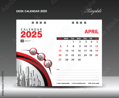 Desk Calendar 2025 template with circle frame can be use photo, April 2025 template. Wall Calendar design, planner, Corporate Calendar 2025 creative design mockup, printing, advertisement, vector