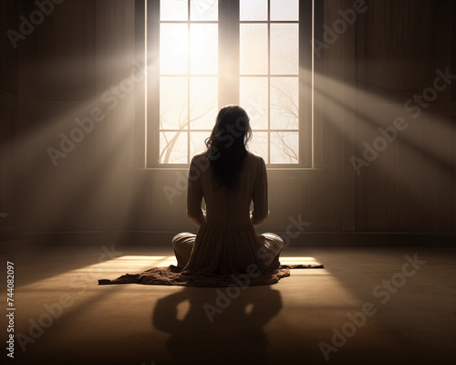 A person praying sitting on the floor in front of a window
