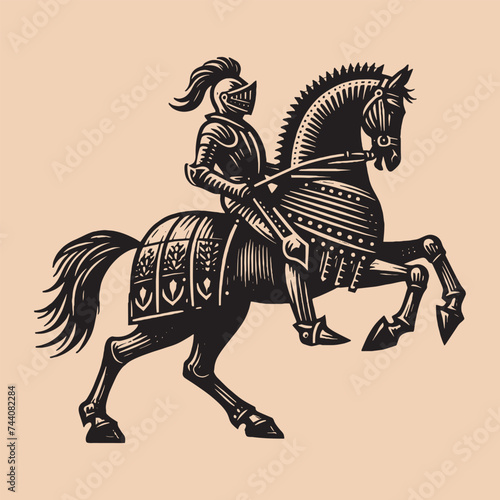 Medieval knight in iron armor riding a horse. Horseman warrior. intage retro engraving illustration. Black icon, isolated element. Art vector illustration	