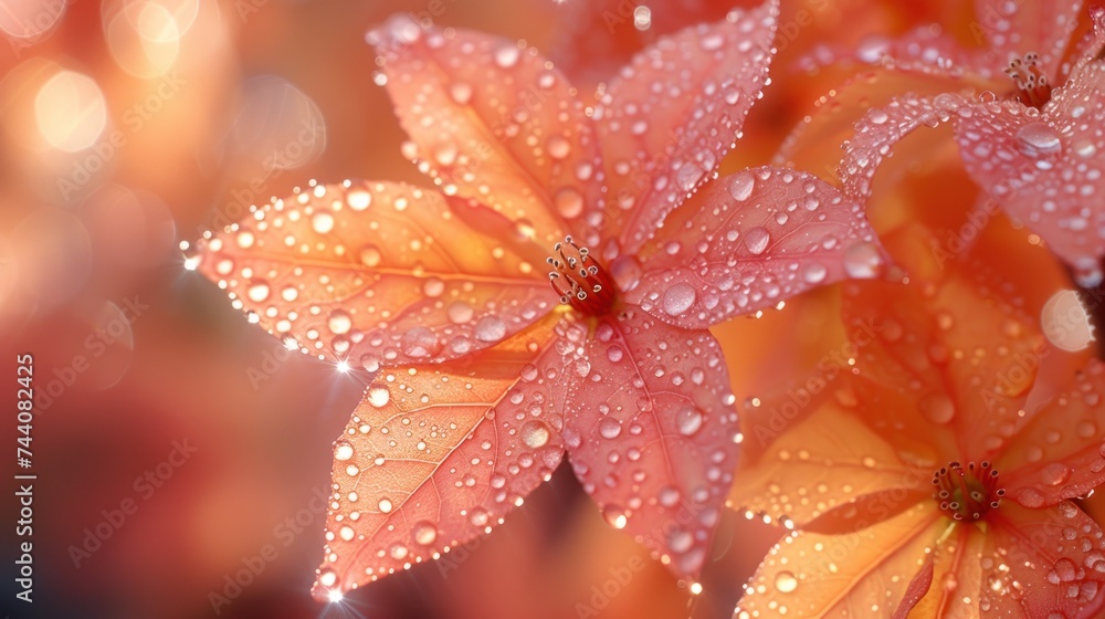 a close up of a bunch of flowers with drops of water on the petals and the leaves of the flowers in the foreground are blurry in the background. a close up of a bunch of flowers with drops of water on the petals and the leaves of the flowers in the foreground are blurry in the background.