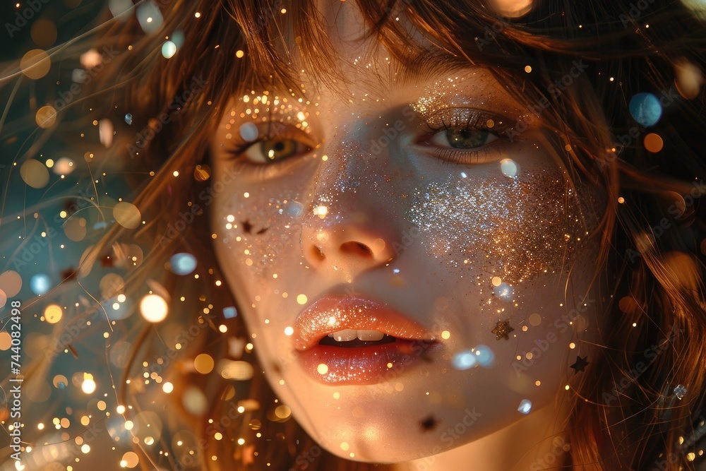 A captivating portrait of a woman adorned with sparkling glitter on her face, her luscious eyelashes and bold lipstick adding to the alluring charm of this glamorous girl