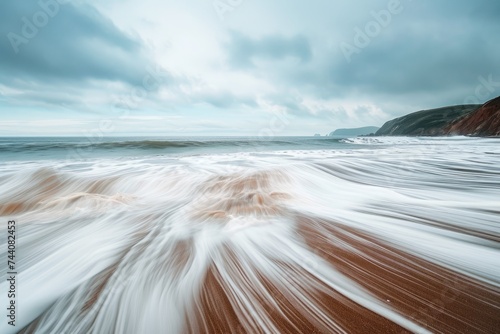 Clear blue ocean waves crashing onto a sandy beach creating a captivating scene, Long exposure photo of smooth waves on the beach, AI Generated
