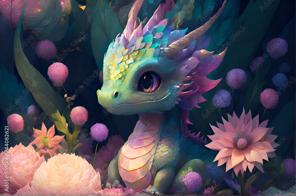 adorable cutest vibrant dragon kid seating around extraterrestrial flowers. close up. AI generated
