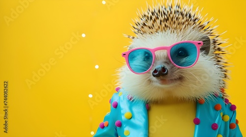 Creative animal concept. Porcupine in glam fashionable couture high end outfits isolated on bright background advertisement, copy space. birthday party invite invitation banner