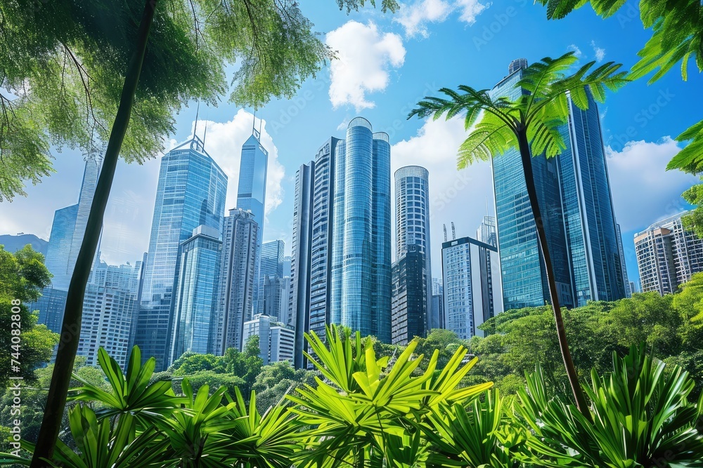 This photo captures a panoramic view of a bustling city with a skyline dominated by towering buildings, Lush city skyline full of energy-efficient skyscrapers, AI Generated