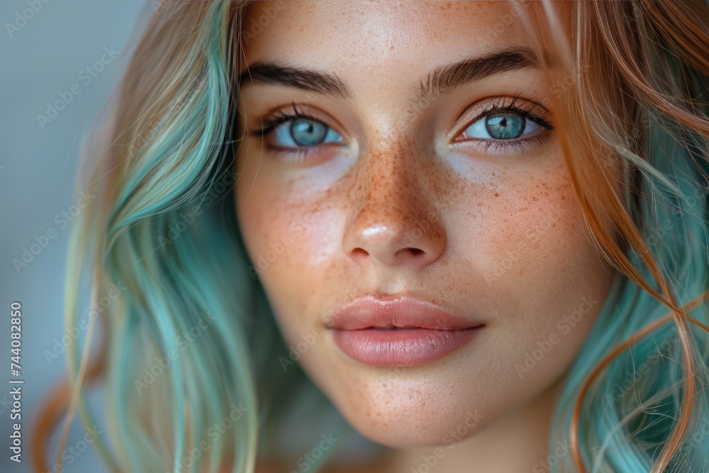 A captivating woman with blue hair and freckles gazes directly into the camera, her long brown hair cascading over her shoulder as she expertly applies eyeliner, showcasing her flawless skin and full A captivating woman with blue hair and freckles gazes directly into the camera, her long brown hair cascading over her shoulder as she expertly applies eyeliner, showcasing her flawless skin and full
