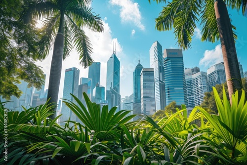 A stunning city skyline featuring tall buildings with sleek architecture, complemented by a foreground of vibrant palm trees, Lush city skyline full of energy-efficient skyscrapers, AI Generated