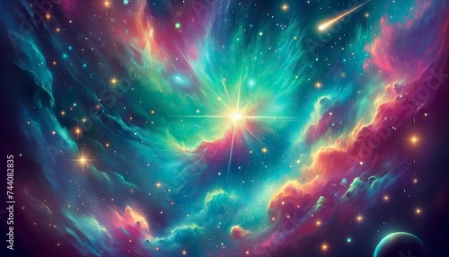 An illustration-style cosmic landscape with a vibrant nebula, twinkling stars, and a comet. AI Generative