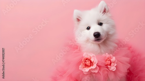 Creative animal concept. Samoyed dog puppy in glam fashionable couture high end outfits isolated on bright background advertisement, copy space. birthday party invite invitation banner © Muzikitooo