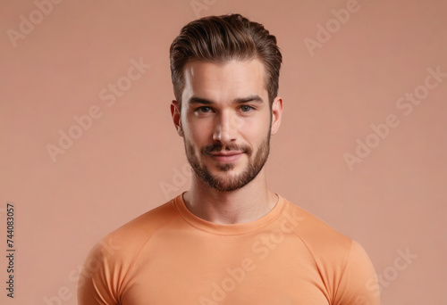 A man in an orange athletic tee offers a confident smile, suggesting readiness for an active session.