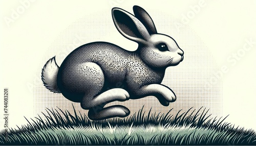 A rabbit in a playful posture rendered in a halftone effect. AI Generative