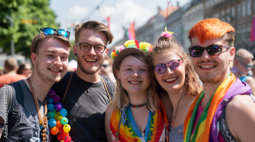 A group of young people smiling and enjoy the Prides parade in crazy colorful rainbow ourfit and accessories faces of the pride ful of joy
