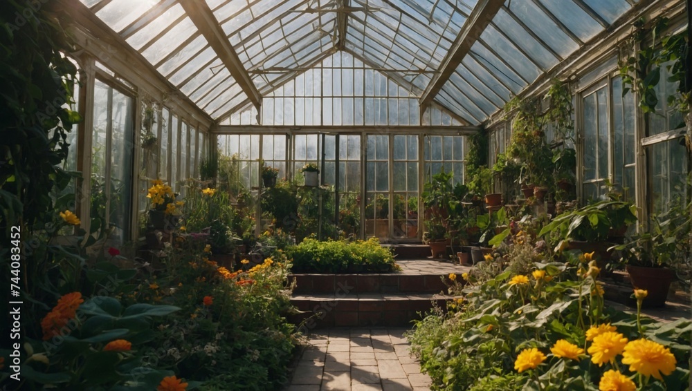 a greenhouse with a glass roof, covered with greenery and inside there are bright blooming flowers with the rays of the sun and a path in the form of a labyrinth. Path covered with large tiles