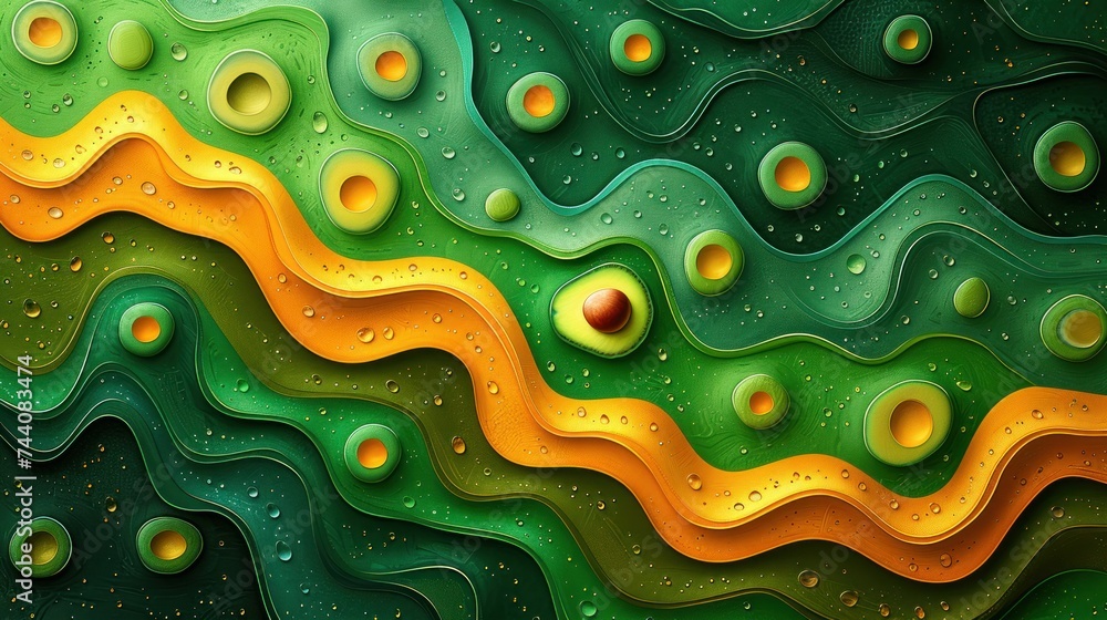 an abstract painting of green, yellow, and orange wavy lines with drops of water on the top of the lines and the bottom of the lines of the lines. an abstract painting of green, yellow, and orange wavy lines with drops of water on the top of the lines and the bottom of the lines of the lines.