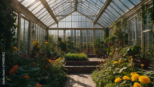 a greenhouse with a glass roof  covered with greenery and inside there are bright blooming flowers with the rays of the sun and a path in the form of a labyrinth. Path covered with large tiles