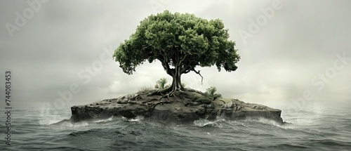 an island with a tree on top of it in the middle of a body of water with a cloudy sky in the background.