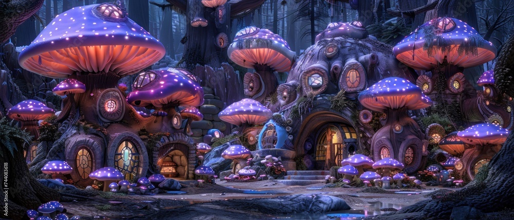 a group of mushroom houses in a forest with lots of trees and lights on the top of the mushroom houses.