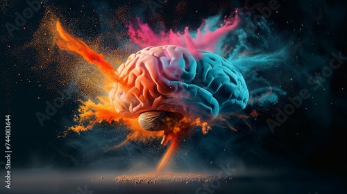 Artistic representation of a human brain with a vivid cosmic explosion, symbolizing a burst of knowledge and creativity © PhotoPhantom