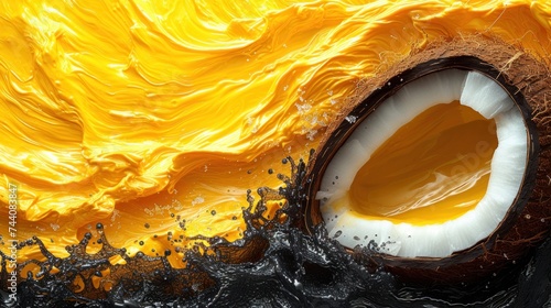  a close up of a piece of fruit with yellow and black paint on the inside of it and a white egg in the middle of the center of the image.