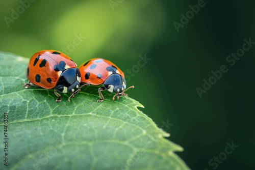 Two ladybugs resting on a vibrant green leaf in a close-up shot, Macro shot of a pair of ladybugs on a leaf, AI Generated
