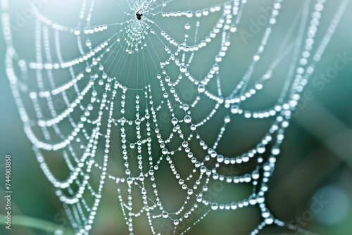 A detailed view of a spider web glistening with water droplets, Macro shot of a spiderweb in the morning dew, AI Generated