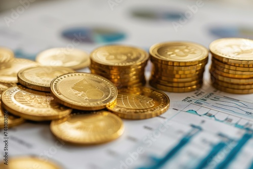 A pile of gold coins is neatly arranged on a table, creating a shimmering display of wealth, Macro shot of gold coins and financial documents, symbolizing wealth and profit, AI Generated