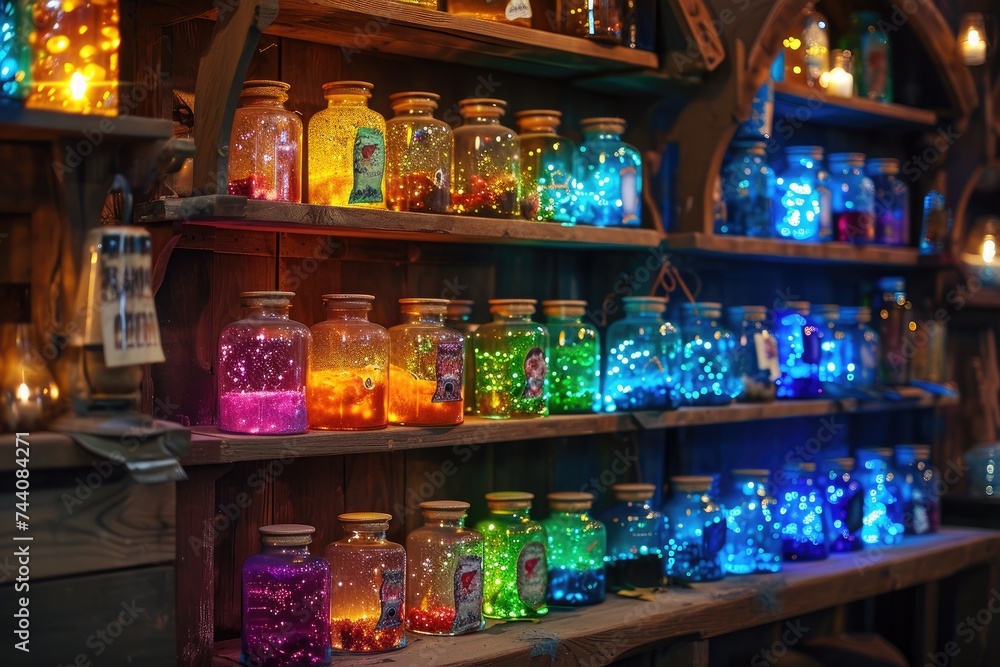A shelf filled with an assortment of differently colored and sized jars, bottles, and containers, Magical potion shop filled with colorful, glowing jars, AI Generated