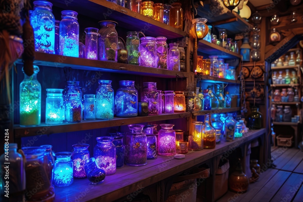 A room filled with a multitude of glass jars, each containing a source of light, creating a captivating display, Magical potion shop filled with colorful, glowing jars, AI Generated