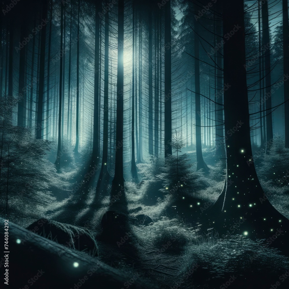 A photo capturing the eerie tranquility of a dense, mysterious forest at night, illuminated by the pale moonlight and scattered fireflies. AI Generated