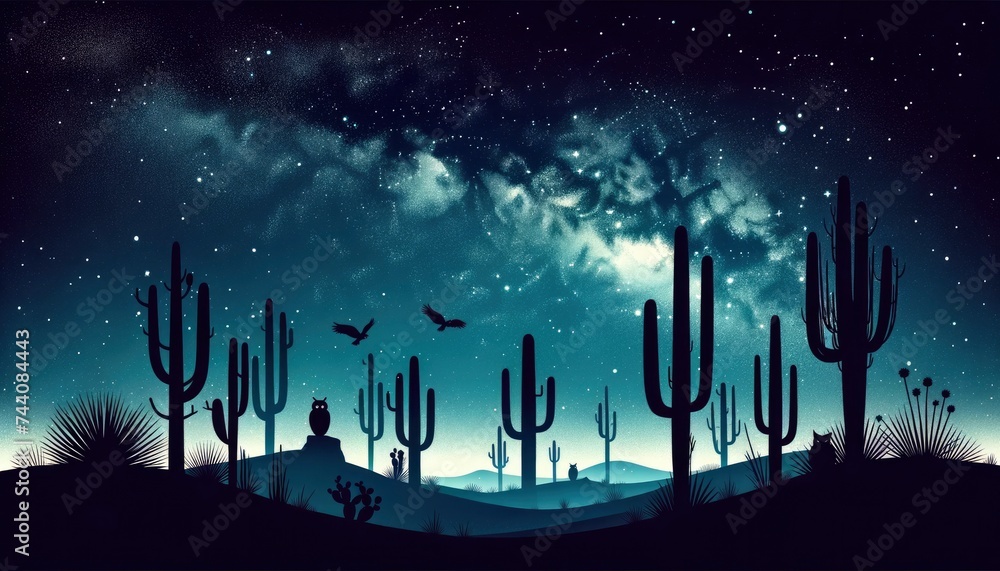 An illustration of a serene desert under a starry night with tall cacti silhouettes and nocturnal animals. AI Generative An illustration of a serene desert under a starry night with tall cacti silhouettes and nocturnal animals. AI Generative