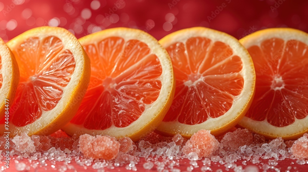 a group of sliced oranges sitting next to each other on top of a red surface with small pieces of sugar on the bottom of the slices of the slices. a group of sliced oranges sitting next to each other on top of a red surface with small pieces of sugar on the bottom of the slices of the slices.