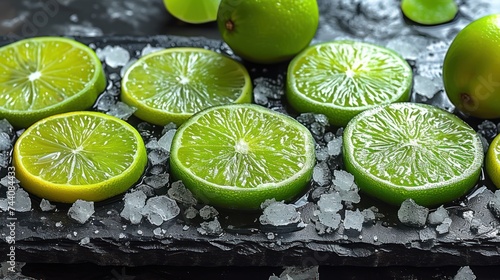 a group of limes sitting on top of a black tray filled with ice and limes on top of a black tray with limes on top of ice.