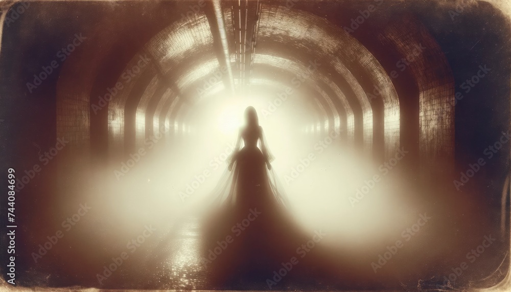 A vintage sepia grunge-edited photo showcasing a ghostly woman in a dress amidst the fog of a tunnel. AI Generated