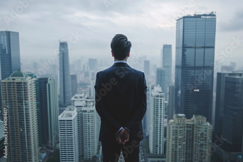 A man stands confidently on the rooftop of a tall building, surrounded by the urban landscape, Male businessman standing at a high-rise building's rooftop, AI Generated