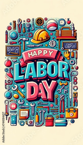 Illustration for a Labor Day flyer in a vertical format, showcasing a large, colorful 'Happy Labor Day' text in the center. AI Generative