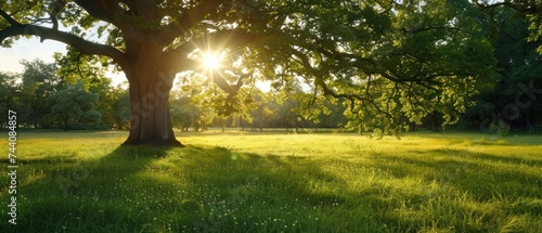 the sun shines through the leaves of a large tree in the middle of a grassy field with trees in the background. photo