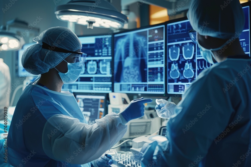 A man and a woman visiting a patient in a hospital room, engaged in conversation and offering support, Medical professionals using biotech interfaces, AI Generated A man and a woman visiting a patient in a hospital room, engaged in conversation and offering support, Medical professionals using biotech interfaces, AI Generated