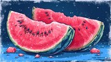  two slices of watermelon sitting on top of each other on a blue surface with drops of water on the surface and on top of the slices of the watermelon.