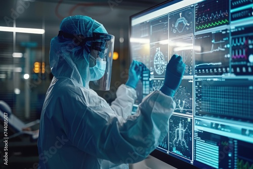 A man wearing a protective suit and goggles diligently works on a computer screen, Medical professionals using biotech interfaces, AI Generated photo