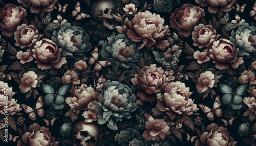 A photo design with deep tones, featuring peonies, butterflies, and subtle skull motifs, creating a balance between beauty and darkness. AI Generated