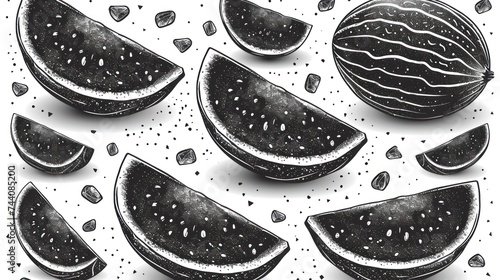  a black and white drawing of watermelon slices and pieces of watermelon on a white background with drops of watermelon on the bottom of water.