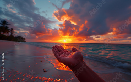 a first person view of an open, empty hand, in the background beautiful beach and sea with colorful sunset © Visual Sensation
