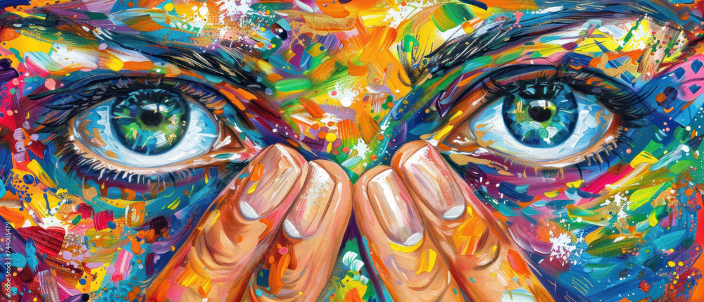 a close up of a painting of a person's face with their hands on their face and eyes open. a close up of a painting of a person's face with their hands on their face and eyes open.
