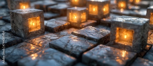 a group of lit candles sitting on top of a stone block covered in frosted cubes of varying sizes and shapes. photo