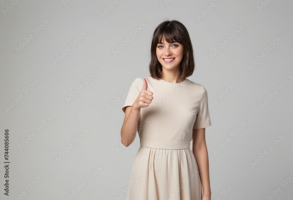 A young woman with a friendly smile wearing a white T-shirt, giving a thumbs up as a sign of approval and positivity. A young woman with a friendly smile wearing a white T-shirt, giving a thumbs up as a sign of approval and positivity.