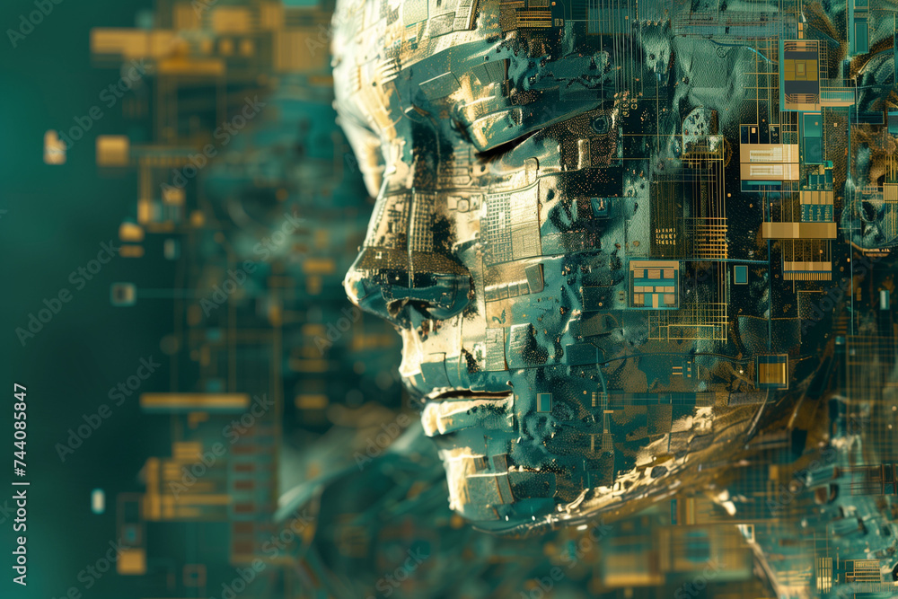 A digital human profile made of circuit board patterns, representing the fusion of technology and humanity in a cybernetic concept A digital human profile made of circuit board patterns, representing the fusion of technology and humanity in a cybernetic concept