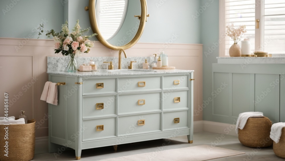 Fototapeta premium The soft pastel color on this bathroom vanity brings a touch of modern beach house interior design to this space. house beautifully it pairs with the brass faucet and fixtures home design ideas